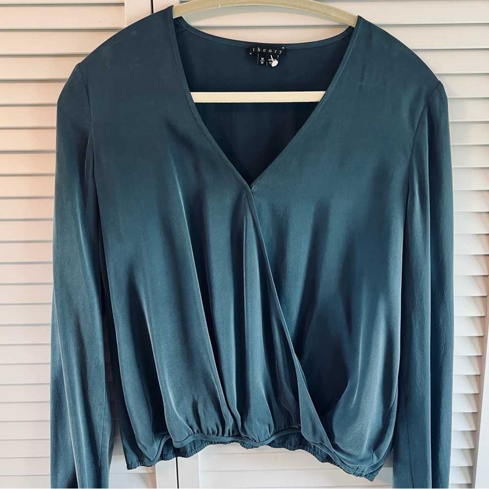 Theory Women's Silk Deep Blue Faux Wrap Blouse